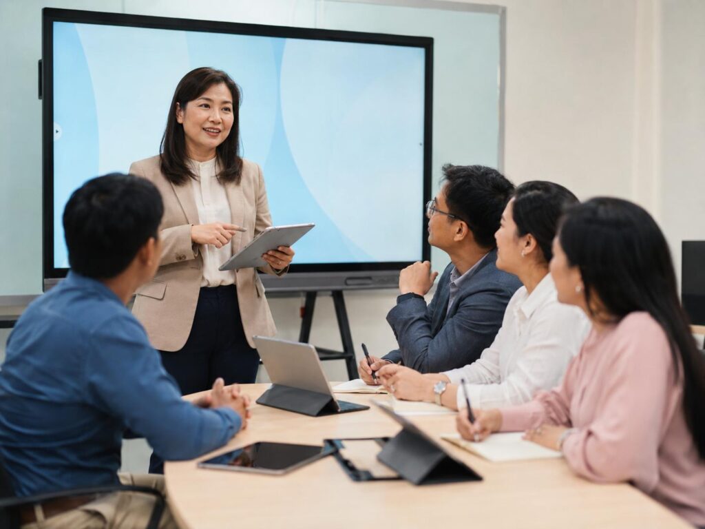 Teacher using a tablet while discussing modern instructional strategies with fellow educators in a training room