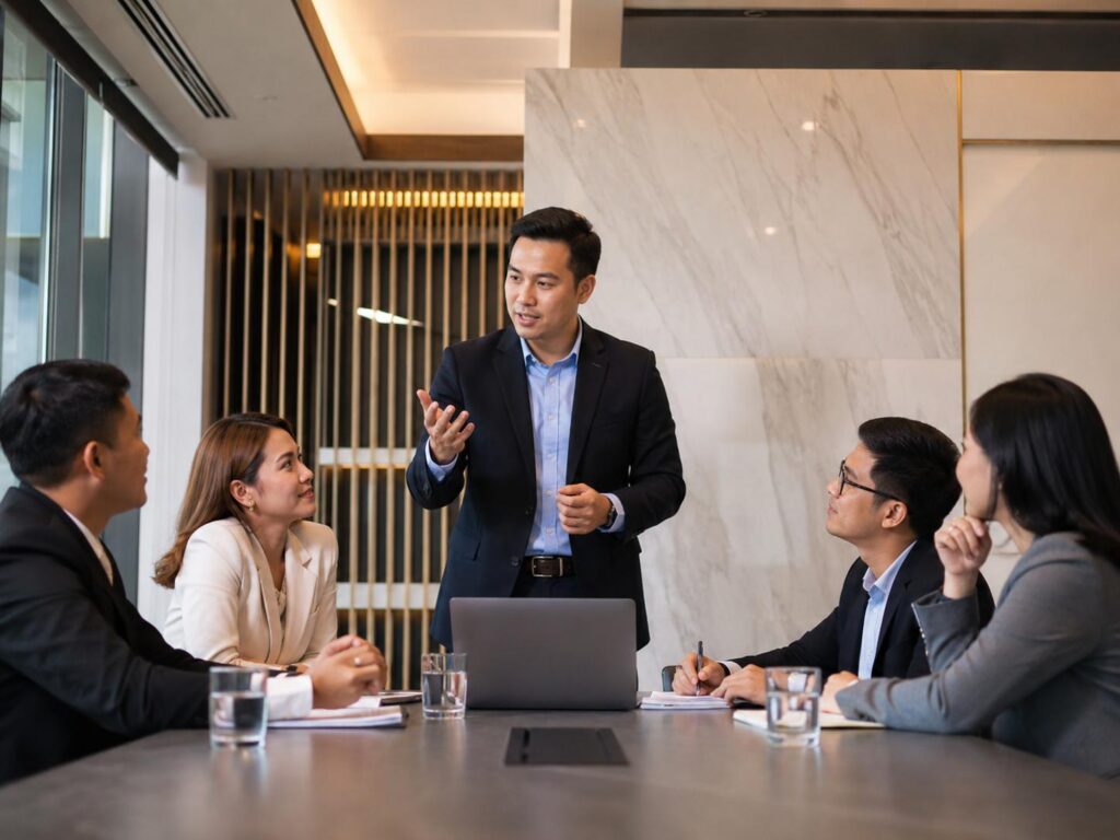 Professional leading a strategy discussion with Filipino and Asian colleagues in a modern corporate meeting room