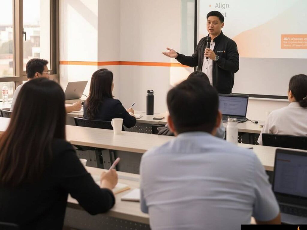 Team-building facilitator leading a workshop for employees to improve communication and bridge workplace collaboration gaps