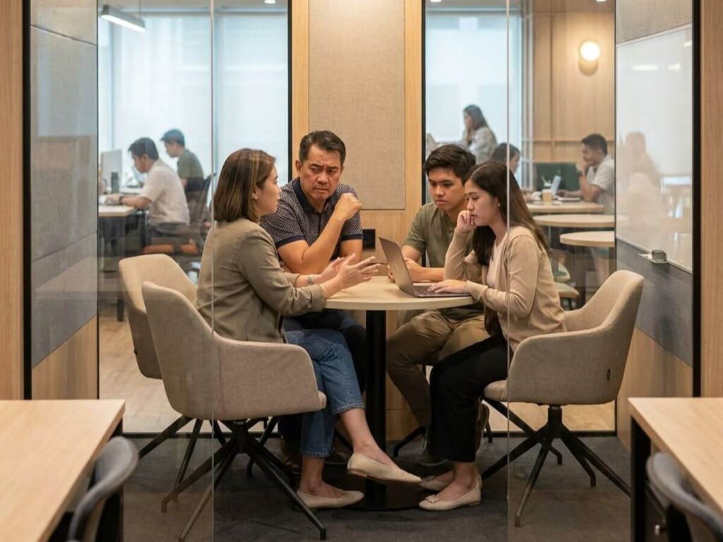 Employees collaborating around a laptop during a workplace discussion to apply skills learned from personal development training