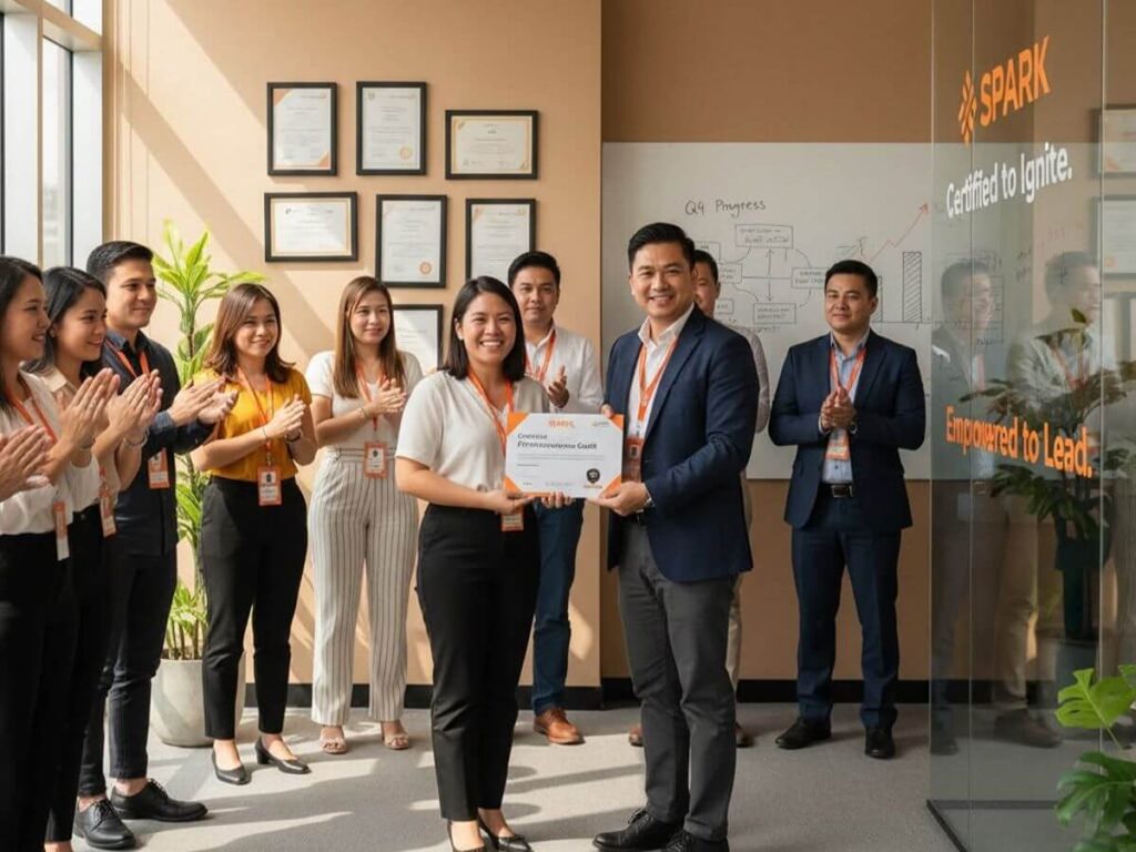 Spark PH representative presenting a certificate to a participant as colleagues applaud during a team-building recognition ceremony