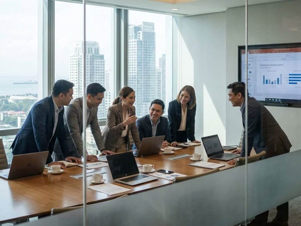 Corporate employees from different generations collaborating around a laptop during a workplace discussion to improve communication and empathy